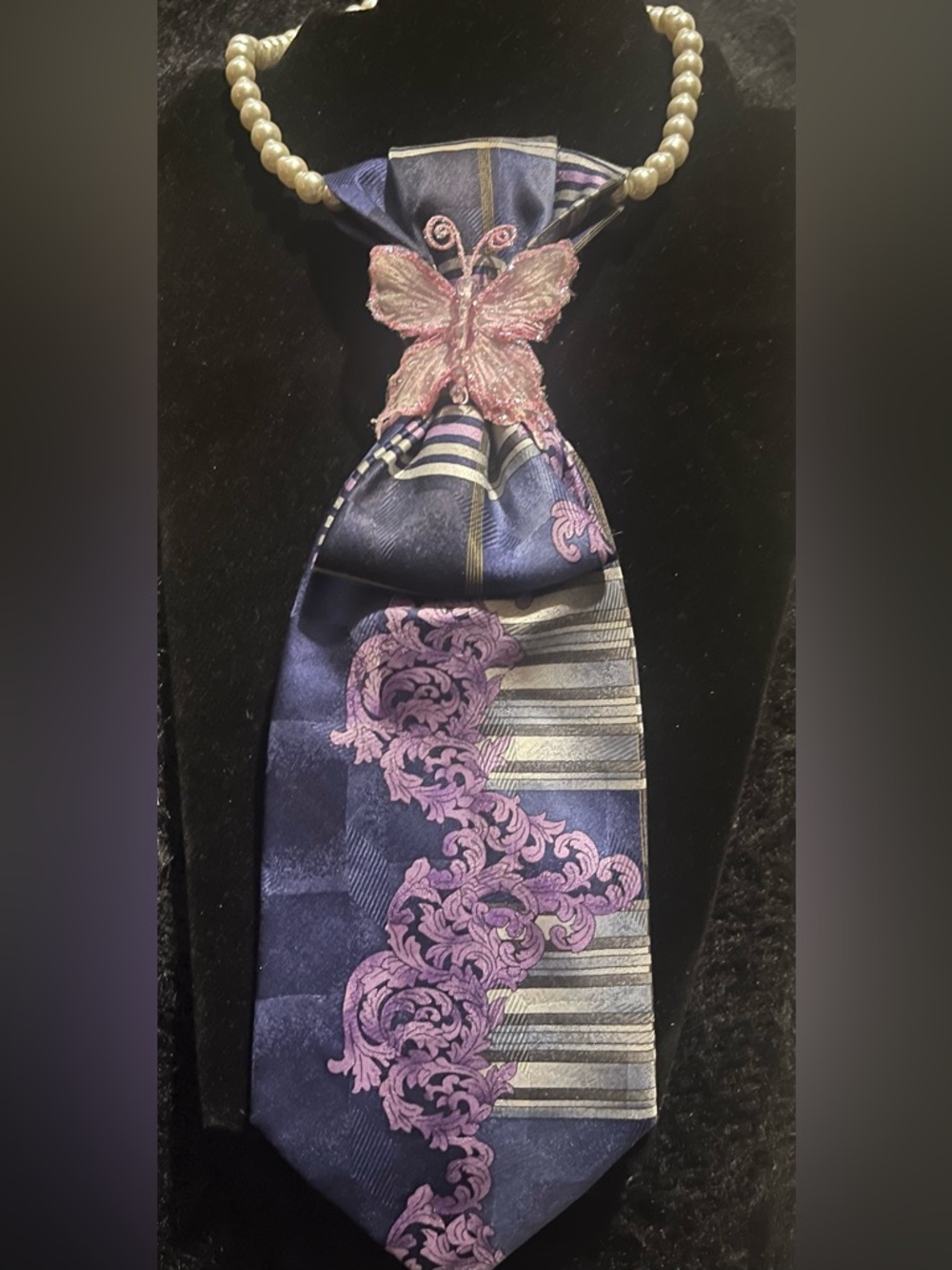 Navy and Pink Floral Patterned Tie with Butterfly Accent